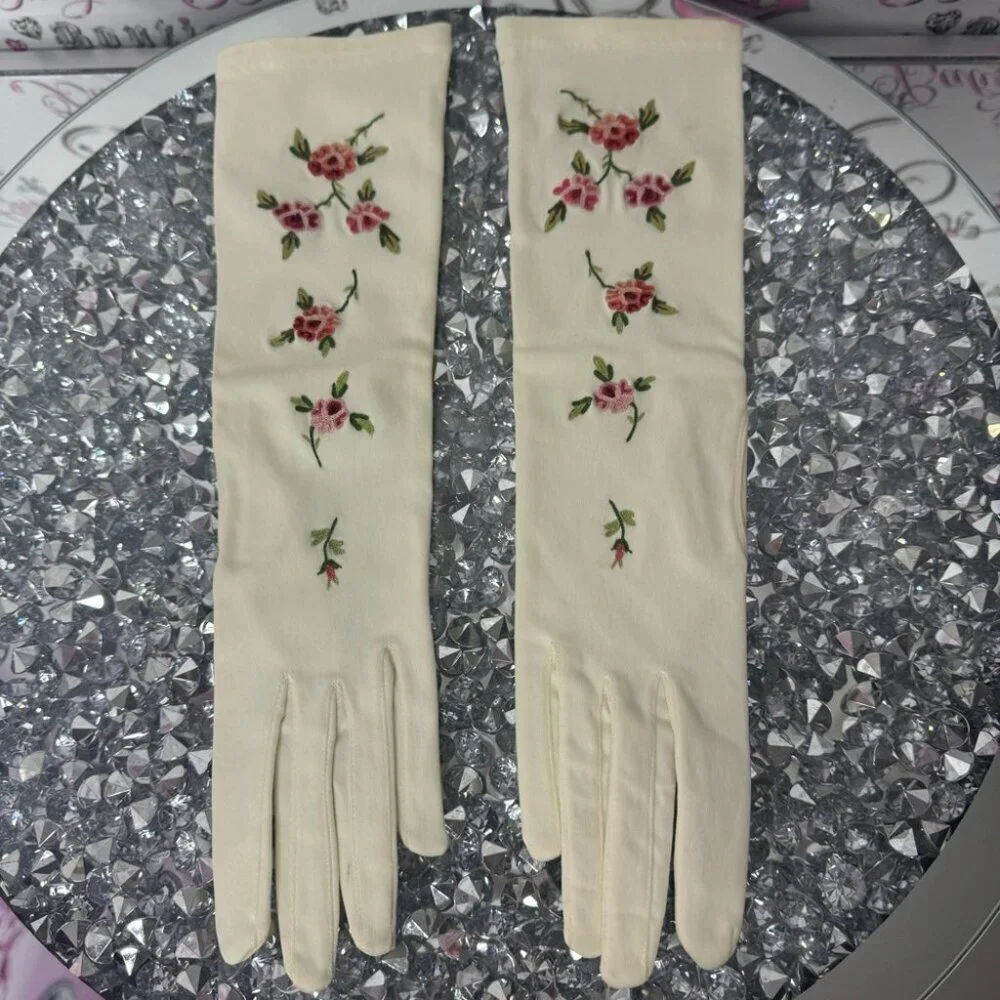 1950s cream mid-length gloves with embroidered flowers made in france rare vtg